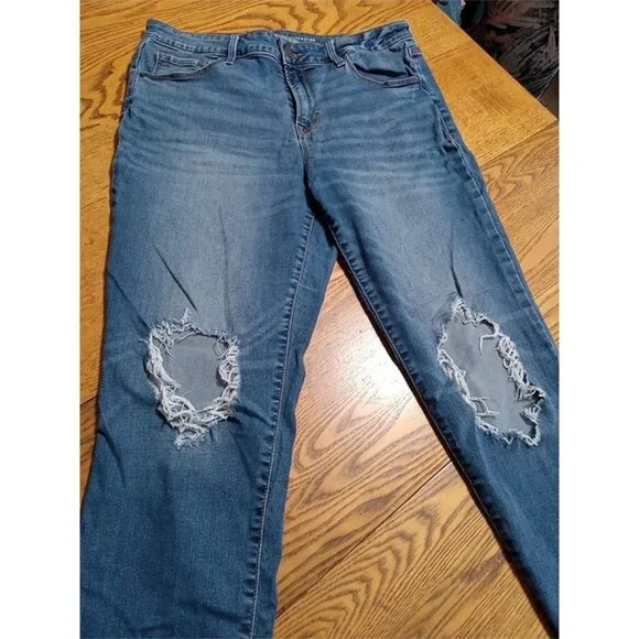 OLD NAVY Jeans Womens 12 BLUE MID RISE ROCKSTAR Preowned Distressed Ripped Hole - Picture 3 of 12